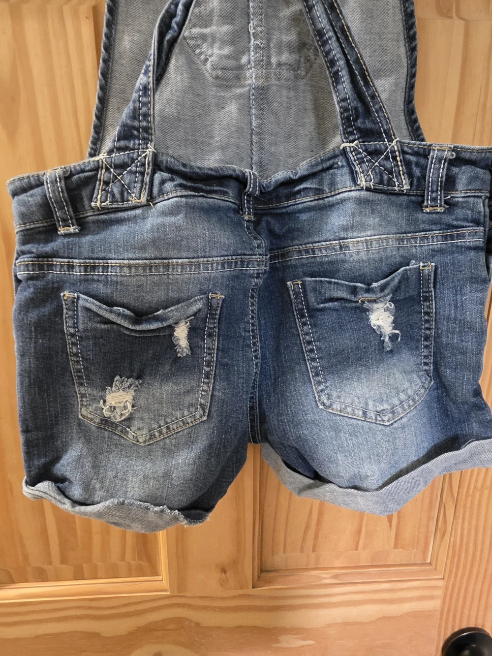 Denim Blue Distressed Short Overalls